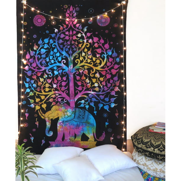 Multicolor Tree Elephant Ethnic Tapestry Poster Indian Wall Hanging Cotton Decor